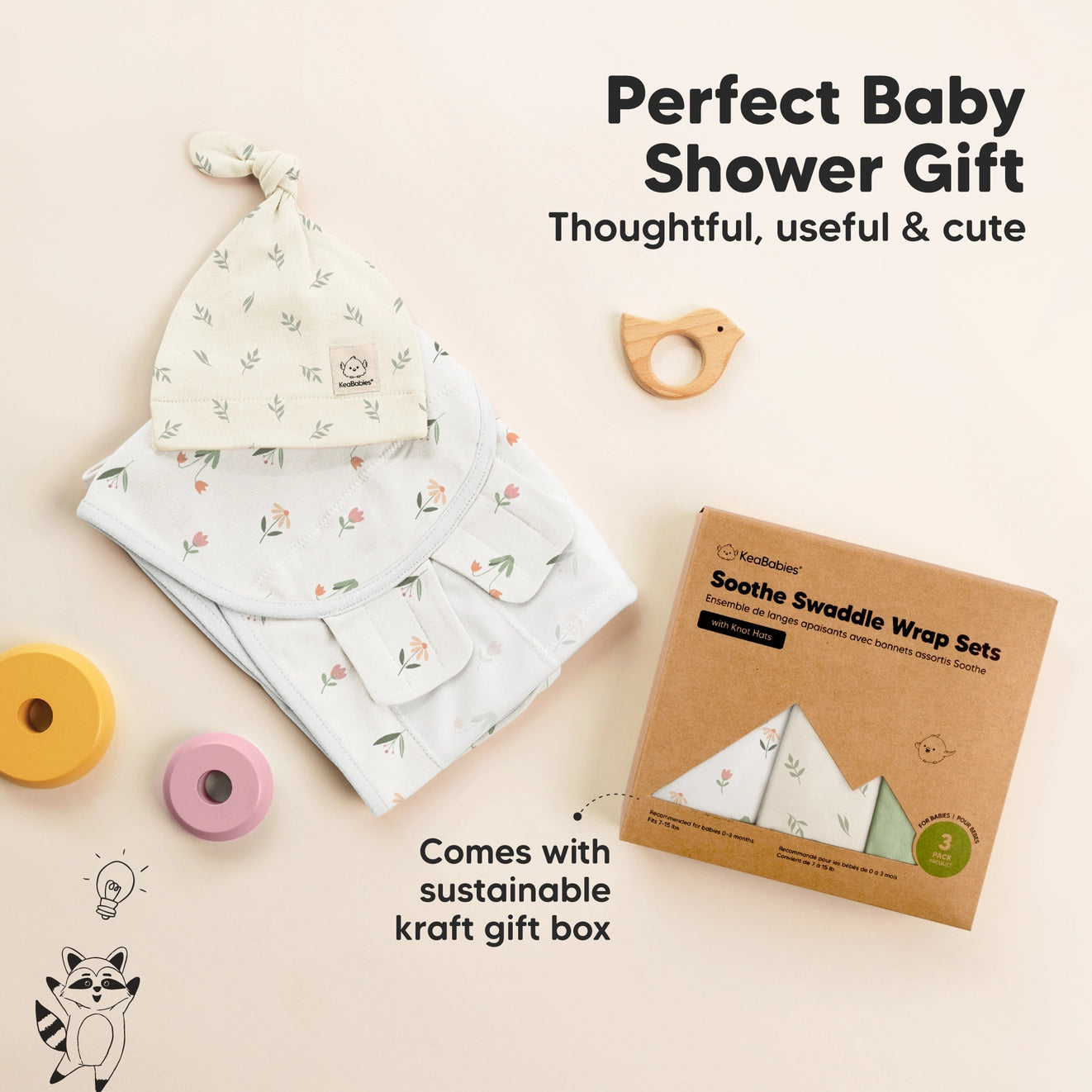 KeaBabies Soothe Swaddle Wrap with Knot Hat