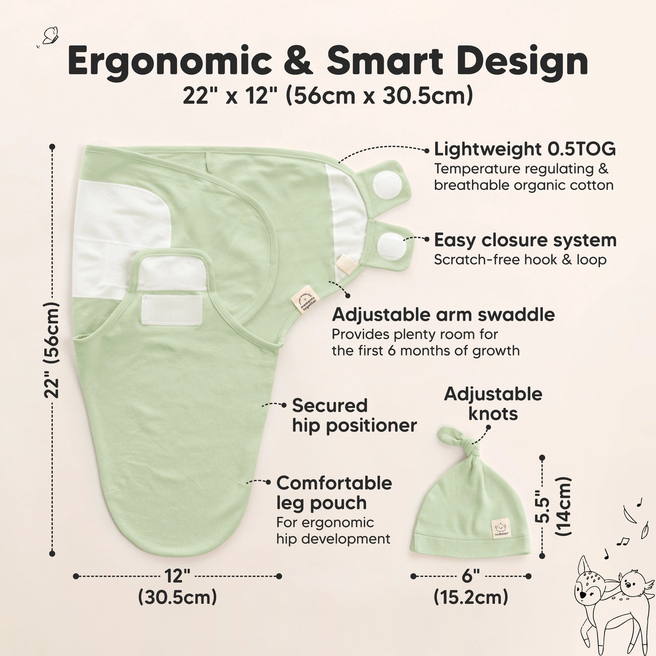KeaBabies Soothe Swaddle Wrap with Knot Hat